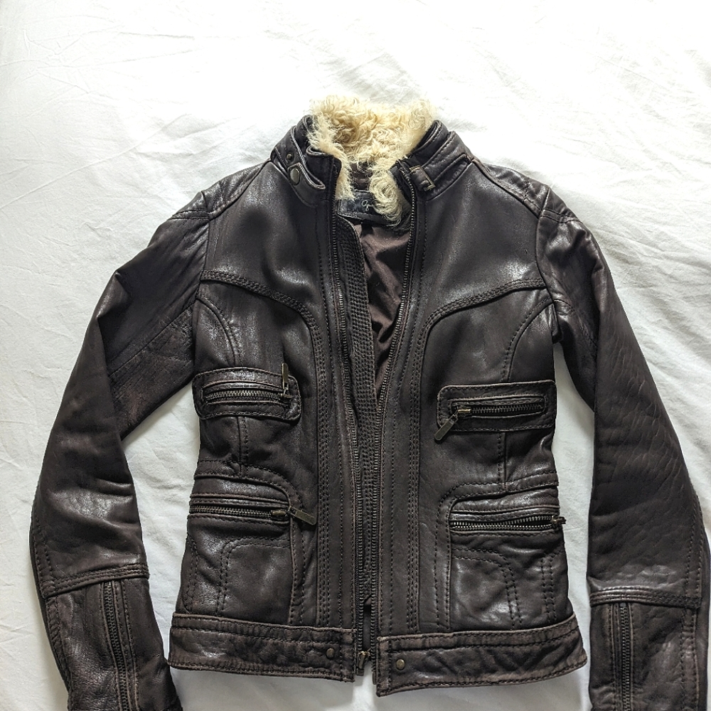 Aqua aviation inspired leather jacket with lambswool collar and zipper details